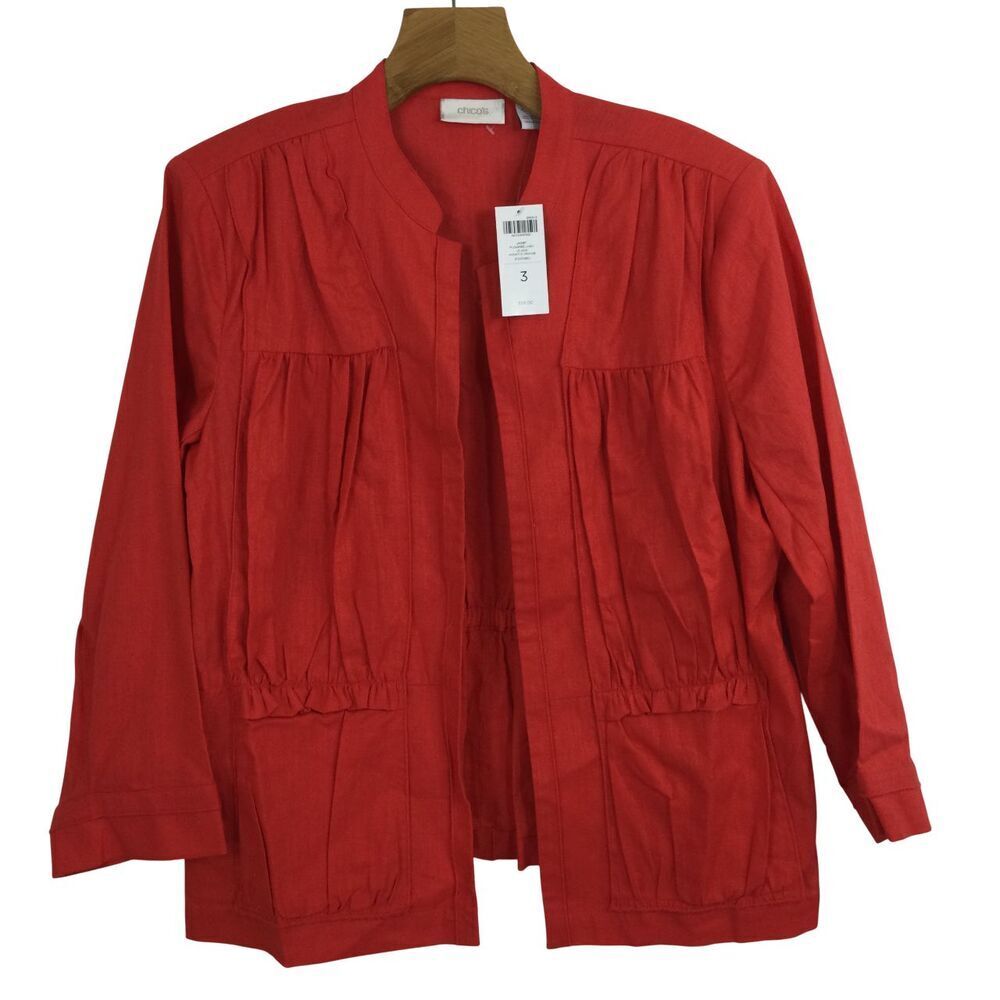 Chico's Puckered Linen Cotton Open Front Blazer Jacket Annatto Orange 3 Large